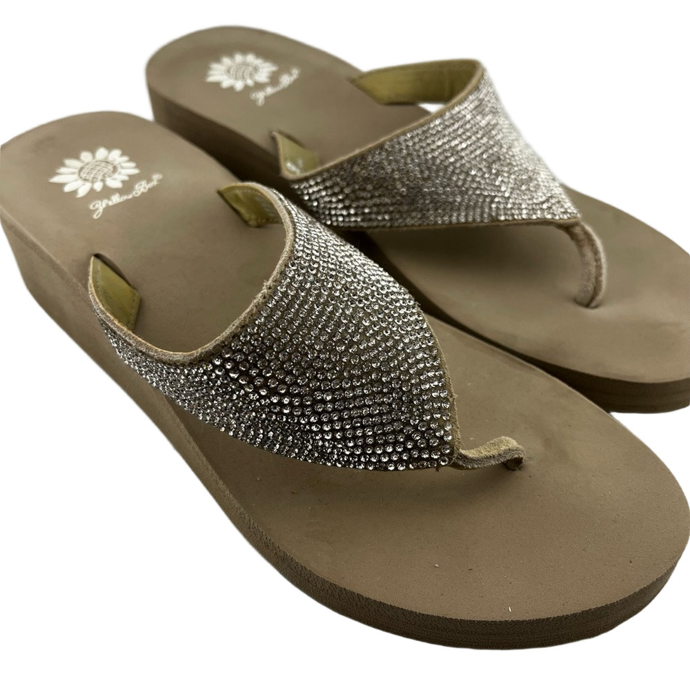 Yellow Box Women's Size 9 Brown/Tan Rhinestones Silver Wedge Sandals Flipflops